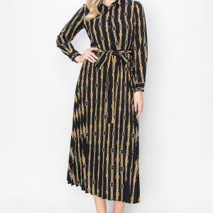 Kleid – Schwarz, Gold, plissiert, Gürtel, 7832914001980