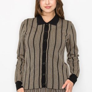 Top – Gold, Streifenmuster, mit Knopfleiste, gestrickt, 7832930091068