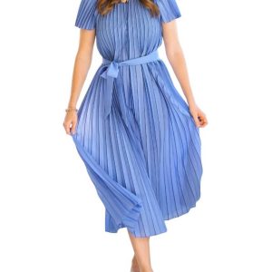 Kleid – plissiert, Schleife, Blau, Schwarz, 7803956330556