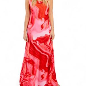 Kleid – Spaghettiträger, bedruckt, Rot, Rosa, 7676650127420