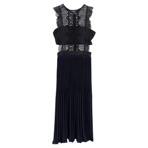 Self-Portrait Kleid – ärmellos, plissiert, mit Spitze, Marineblau, Blau, Polyester