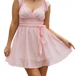 Kleid – Kurzarm, mit Spitze, gewebt, Rosa, 7766566404156