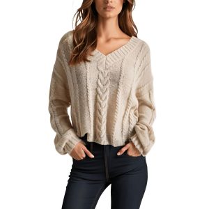 Pullover – gestrickt, Zopfstrick, V-Ausschnitt