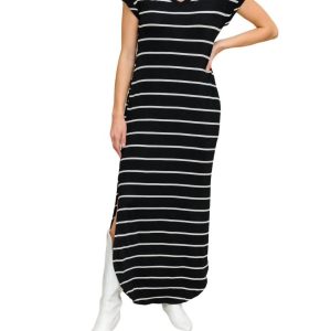 Kleid – Streifenmuster, Maxi, Schwarz, 7732515635260
