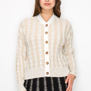 Strickjacke – Beige, Zopfstrick, Streifenmuster, 7833650823228