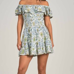Kleid – schulterfrei, Rüschen, Weiß, Blumenmuster