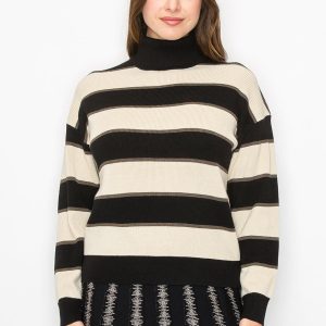 Pullover – Schwarz, Cremefarben, Streifenmuster, Rollkragen, 7832927600700