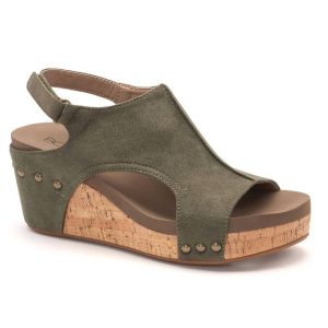 Damen – Keilsandalen – Olivgrün – Veloursleder – 7704766152764